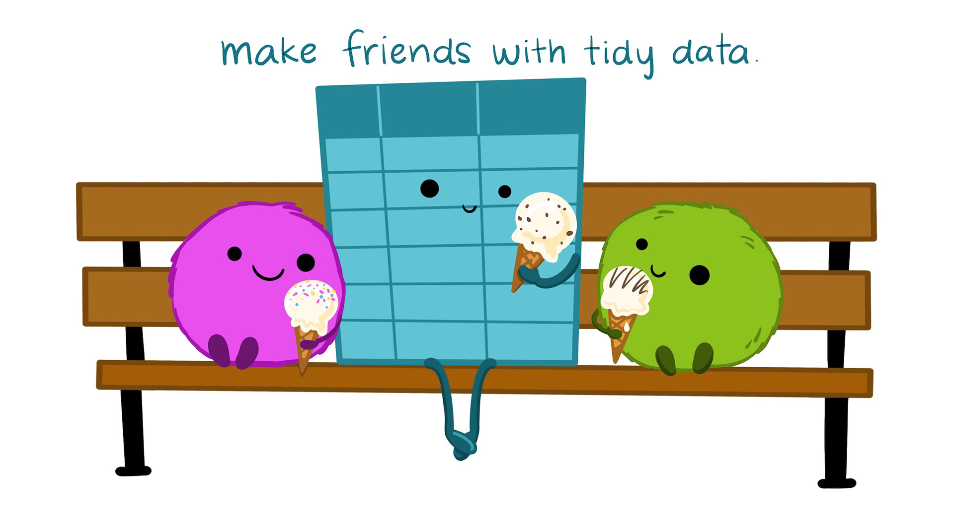 Digital illustration of two cute fuzzy monsters sitting on a park bench with a smiling data table between them, all eating ice cream together. In text above the illustration are the hand drawn words 'make friends with tidy data.'