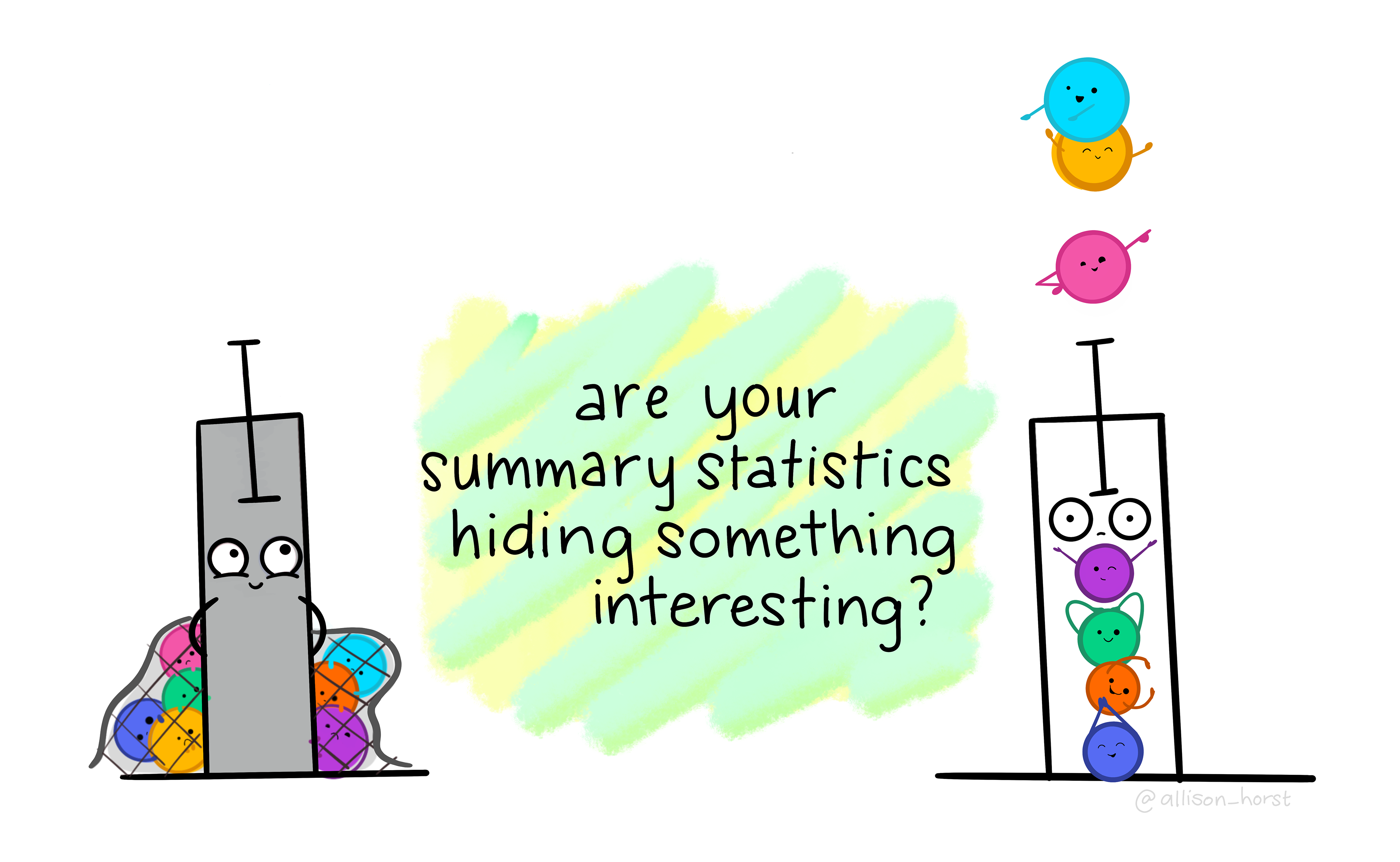 Main text: 'Are your summary statistics hiding something?' On the left is a opaque gray bar plot with an error bar, looking mischievous while hiding individual data points in a net behind it. On the right is a transparent bar plot with an error bar, looking exposed, with individual data points exposed and dancing. The bottom four data points have arms that spell 'YMCA' as if dancing to the Village People.